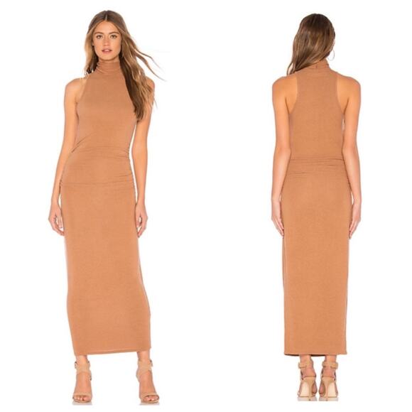 Enza Costa Ruched Turtleneck Midi Dress Size Large Tan Camel Knit Sleeveless - Picture 1 of 14